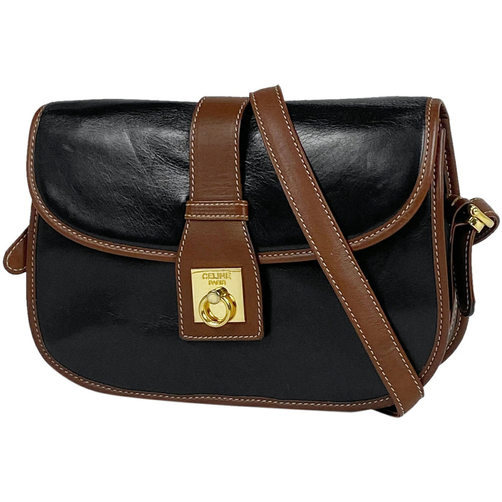 Celine Logo Shoulder Bag Leather Black Brown